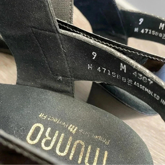 Munro Darling Suede Heels Sandals Open Toe Black Patent Leather Slingback: 9M - Picture 6 of 9